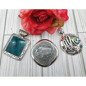 Great Lot of 3 Large Silver Tone Pendants Chunky Statement Abalone Shell Enamel